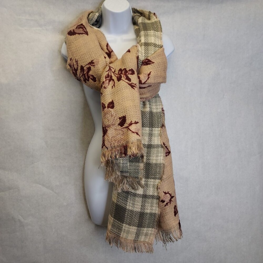 Lily Morgan Blanket Scarf Shawl Wrap Reversible Green Plaid Pink Floral Cottage